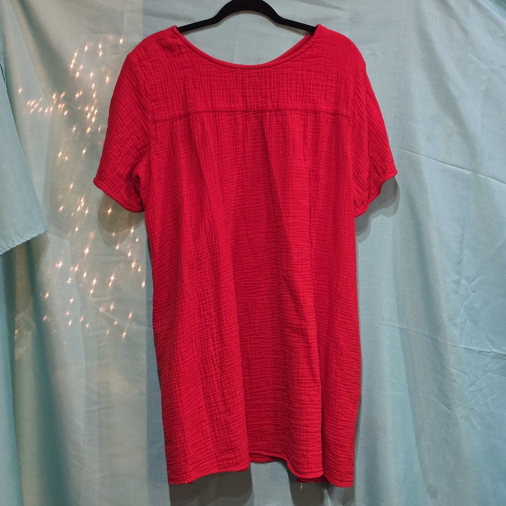 See and Be Seen Red Dress W/Embroidered Colorful Flowers W/Pockets EUC - Picture 6 of 10